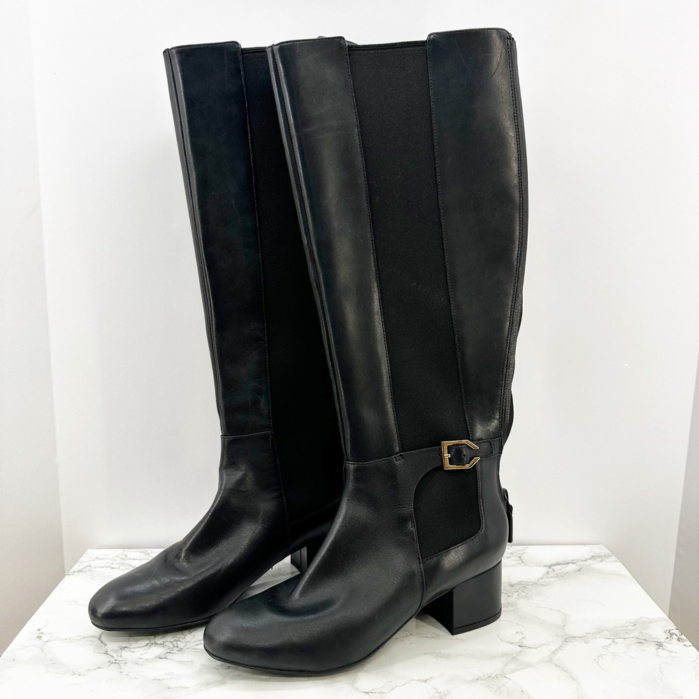 Cole Haan Black Knee-High Leather Boots with Gold Buckle